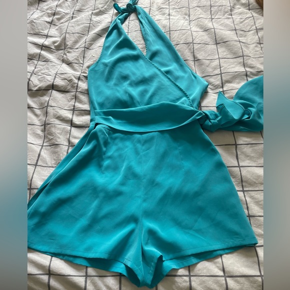 🇫🇷 Vintage Lolita Lempicka Turquoise Wrap-Around Backless Short Romper, Size 8 - Picture 15 of 16